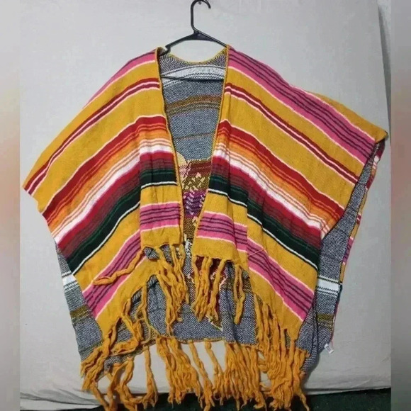 Serape Poncho Cow Skull Print W/ Fringe Multicolor Boho Shawl Hippie Hipster - Picture 2 of 4